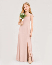 Blush Pink Junior Bridesmaid Dress Sweetheart Neck Self-Tie Strap Chiffon A-Line Floor-Length Gown Front  Full View