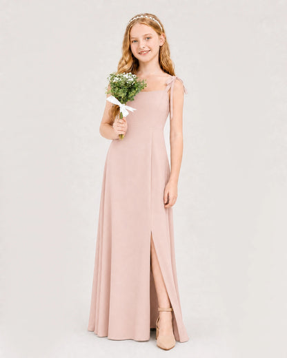 Blush Pink Junior Bridesmaid Dress Sweetheart Neck Self-Tie Strap Chiffon A-Line Floor-Length Gown Front  Full View
