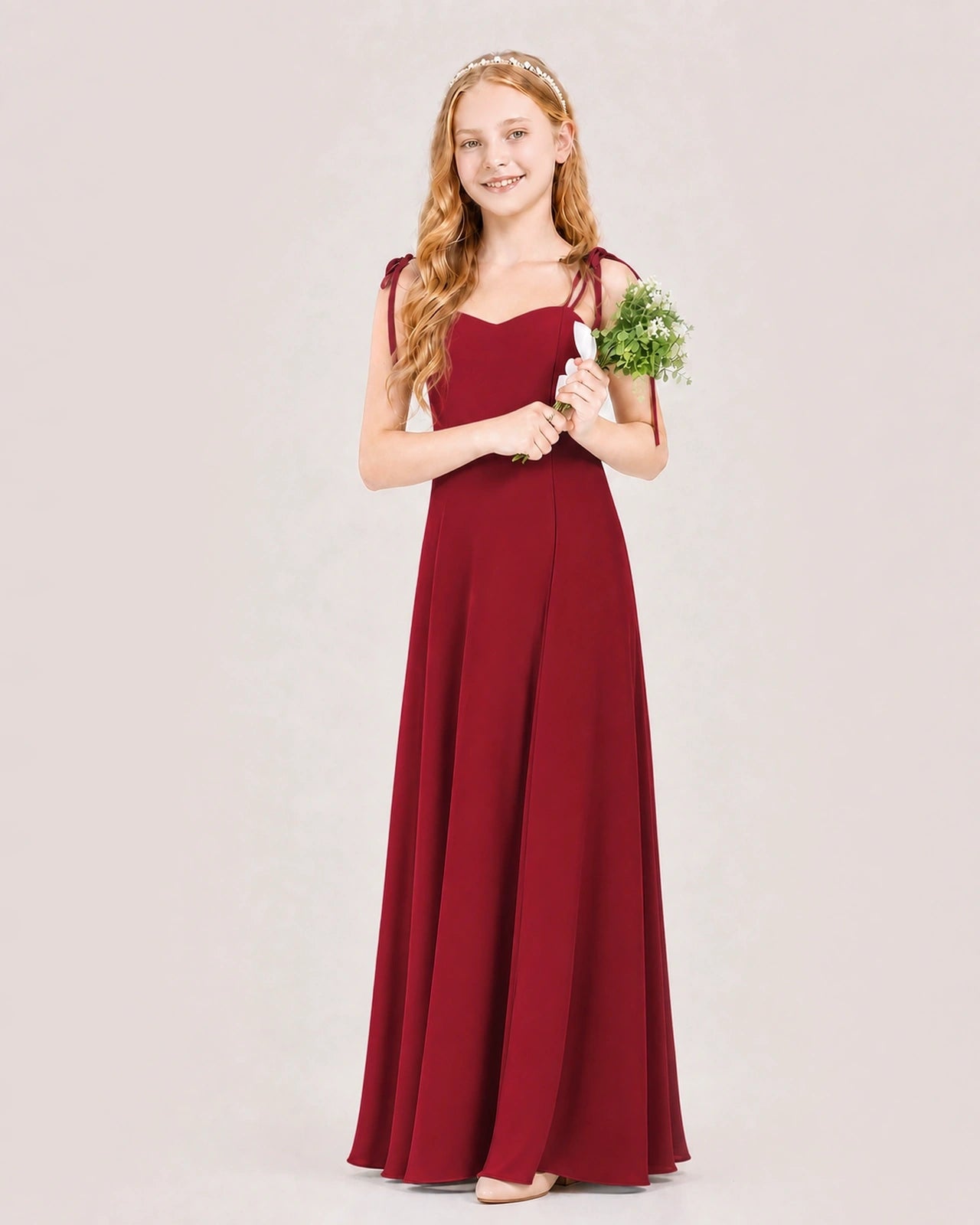 Burgundy Junior Bridesmaid Dress Sweetheart Neck Self-Tie Strap Chiffon A-Line Floor-Length Gown Front Full View