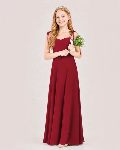 Burgundy Junior Bridesmaid Dress Sweetheart Neck Self-Tie Strap Chiffon A-Line Floor-Length Gown Front Full View