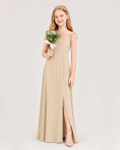 Champagne Junior Bridesmaid Dress Sweetheart Neck Self-Tie Strap Chiffon A-Line Floor-Length Gown Front Full View