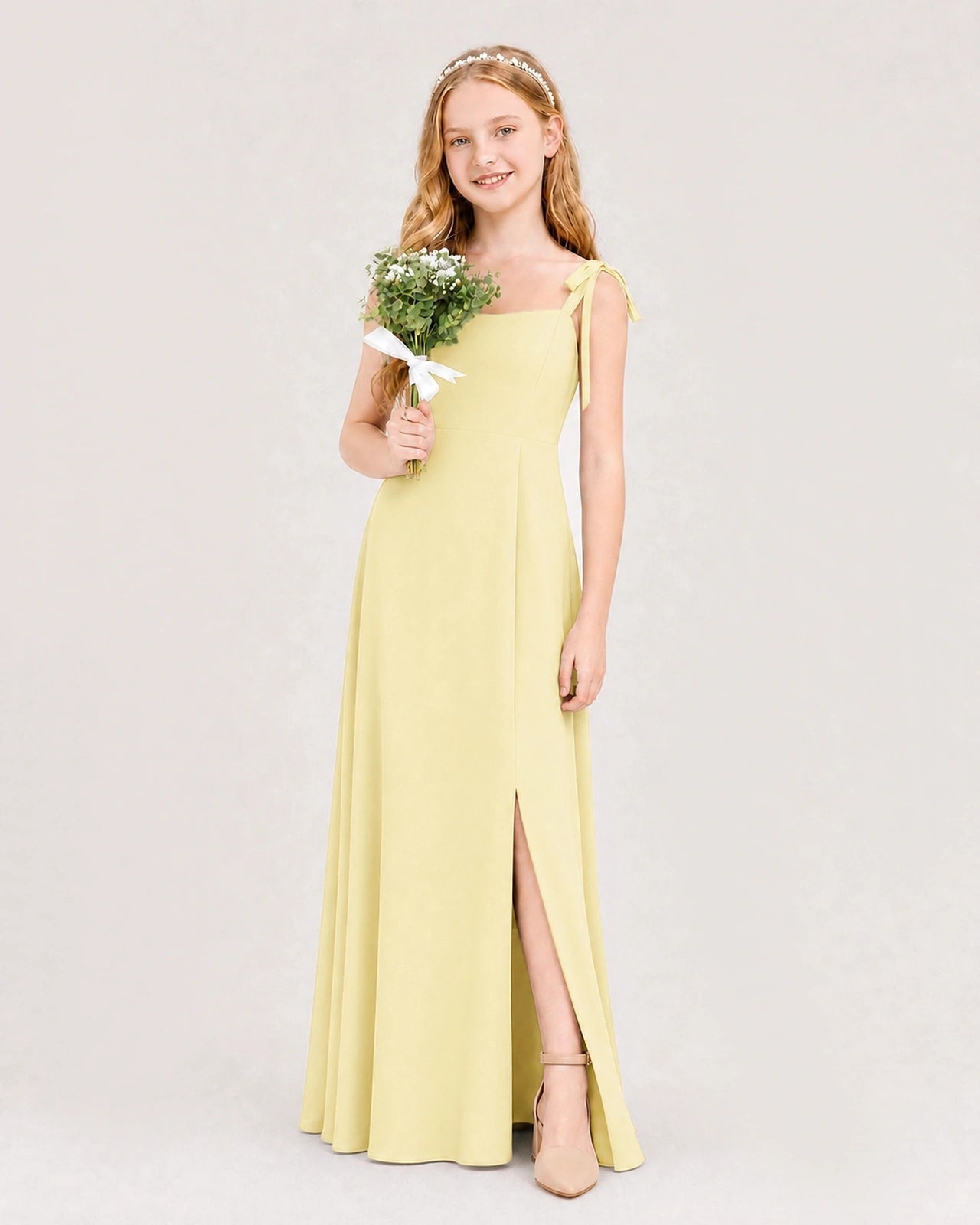 Daffodil Junior Bridesmaid Dress Sweetheart Neck Self-Tie Strap Chiffon A-Line Floor-Length Gown Front Full View