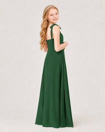 Emerald Green Junior Bridesmaid Dress Sweetheart Neck Self-Tie Strap Chiffon A-Line Floor-Length Gown Back Full View