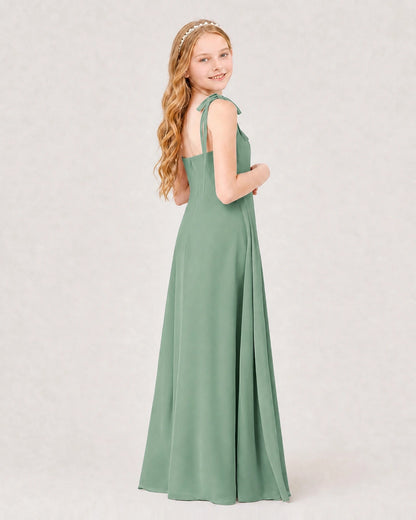 Eucalyptus Junior Bridesmaid Dress Sweetheart Neck Self-Tie Strap Chiffon A-Line Floor-Length Gown Back Full View