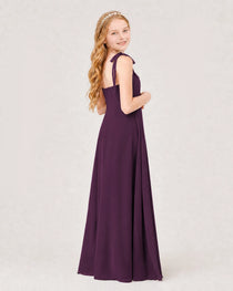 Grape Junior Bridesmaid Dress Sweetheart Neck Self-Tie Strap Chiffon A-Line Floor-Length Gown Back Full View