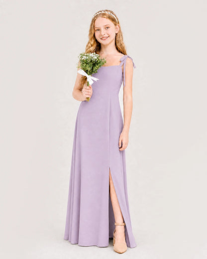 Lavender Junior Bridesmaid Dress Sweetheart Neck Self-Tie Strap Chiffon A-Line Floor-Length Gown Front Full View