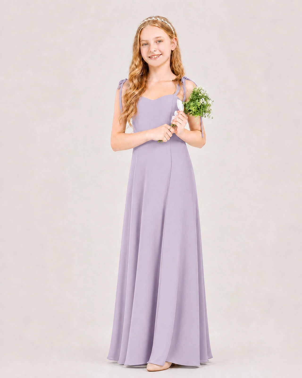 Lavender Junior Bridesmaid Dress Sweetheart Neck Self-Tie Strap Chiffon A-Line Floor-Length Gown Front Full View