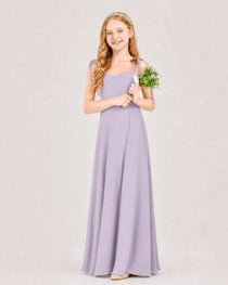 Lavender Junior Bridesmaid Dress Sweetheart Neck Self-Tie Strap Chiffon A-Line Floor-Length Gown Front Full View