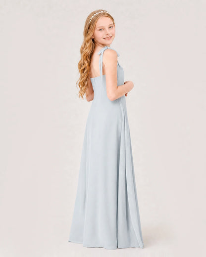 Mist Junior Bridesmaid Dress Sweetheart Neck Self-Tie Strap Chiffon A-Line Floor-Length Gown Back Full View