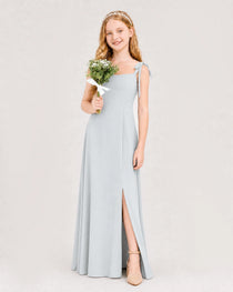 Mist Junior Bridesmaid Dress Sweetheart Neck Self-Tie Strap Chiffon A-Line Floor-Length Gown Front Full View