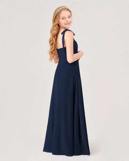 Navy Blue Junior Bridesmaid Dress Sweetheart Neck Self-Tie Strap Chiffon A-Line Floor-Length Gown Back Full View