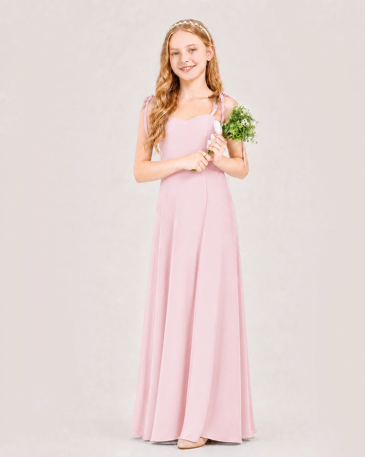 Pink Junior Bridesmaid Dress Sweetheart Neck Self-Tie Strap Chiffon A-Line Floor-Length Gown Front Full View