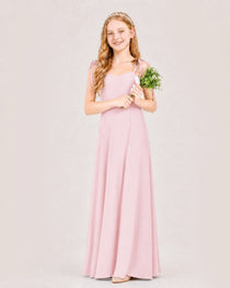 Pink Junior Bridesmaid Dress Sweetheart Neck Self-Tie Strap Chiffon A-Line Floor-Length Gown Front Full View