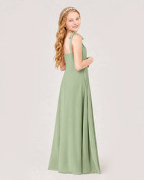 Sage Green Junior Bridesmaid Dress Sweetheart Neck Self-Tie Strap Chiffon A-Line Floor-Length Gown Back Full View
