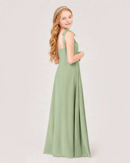 Sage Green Junior Bridesmaid Dress Sweetheart Neck Self-Tie Strap Chiffon A-Line Floor-Length Gown Back Full View