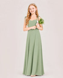 Sage Green Junior Bridesmaid Dress Sweetheart Neck Self-Tie Strap Chiffon A-Line Floor-Length Gown Front Full View