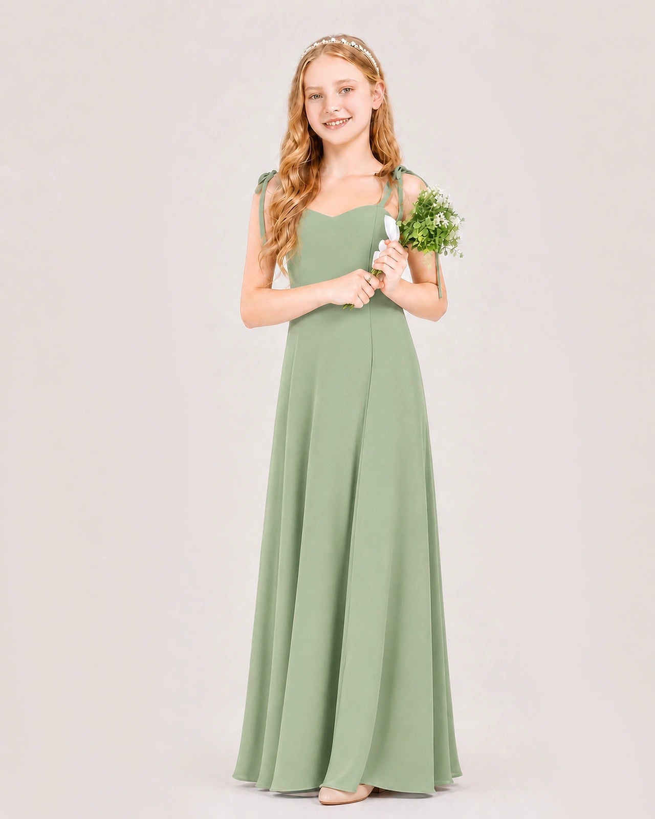 Sage Green Junior Bridesmaid Dress Sweetheart Neck Self-Tie Strap Chiffon A-Line Floor-Length Gown Front Full View
