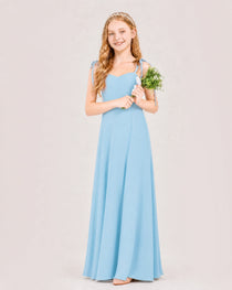 Sky Blue Junior Bridesmaid Dress Sweetheart Neck Self-Tie Strap Chiffon A-Line Floor-Length Gown Front Full View