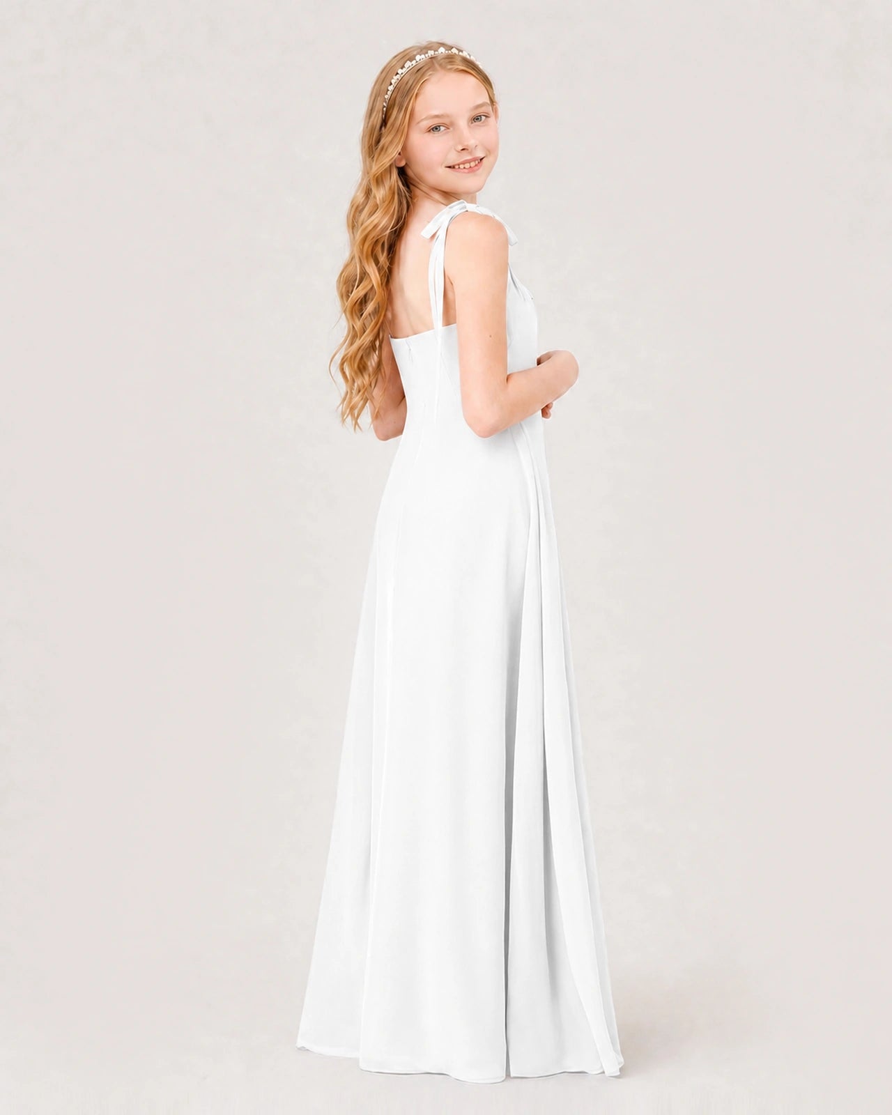 White Junior Bridesmaid Dress Sweetheart Neck Self-Tie Strap Chiffon A-Line Floor-Length Gown Back Full View