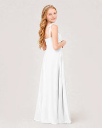 White Junior Bridesmaid Dress Sweetheart Neck Self-Tie Strap Chiffon A-Line Floor-Length Gown Back Full View