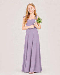 Wisteria Junior Bridesmaid Dress Sweetheart Neck Self-Tie Strap Chiffon A-Line Floor-Length Gown Front Full View
