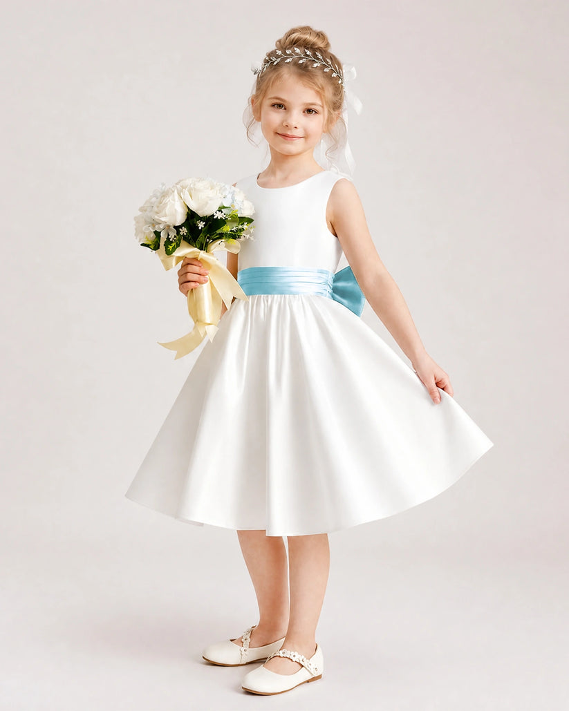 Baby Blue Satin Flower Girl Dress Side View