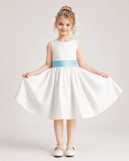 Baby Blue Satin Flower Girl Dress Front View