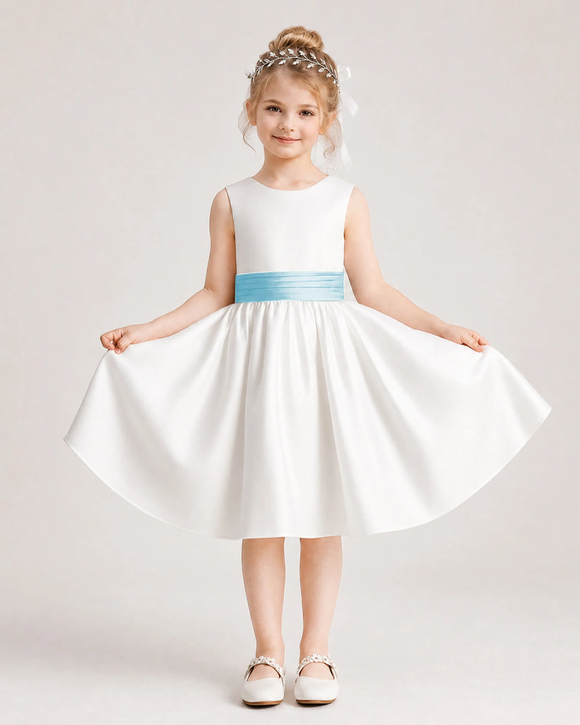 Baby Blue Satin Flower Girl Dress Front View
