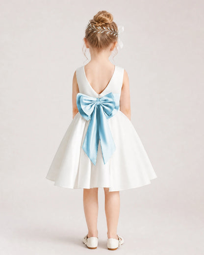 Baby Blue Satin Flower Girl Dress Back View