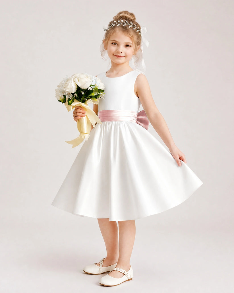 Blush Pink Satin Flower Girl Dress Side View