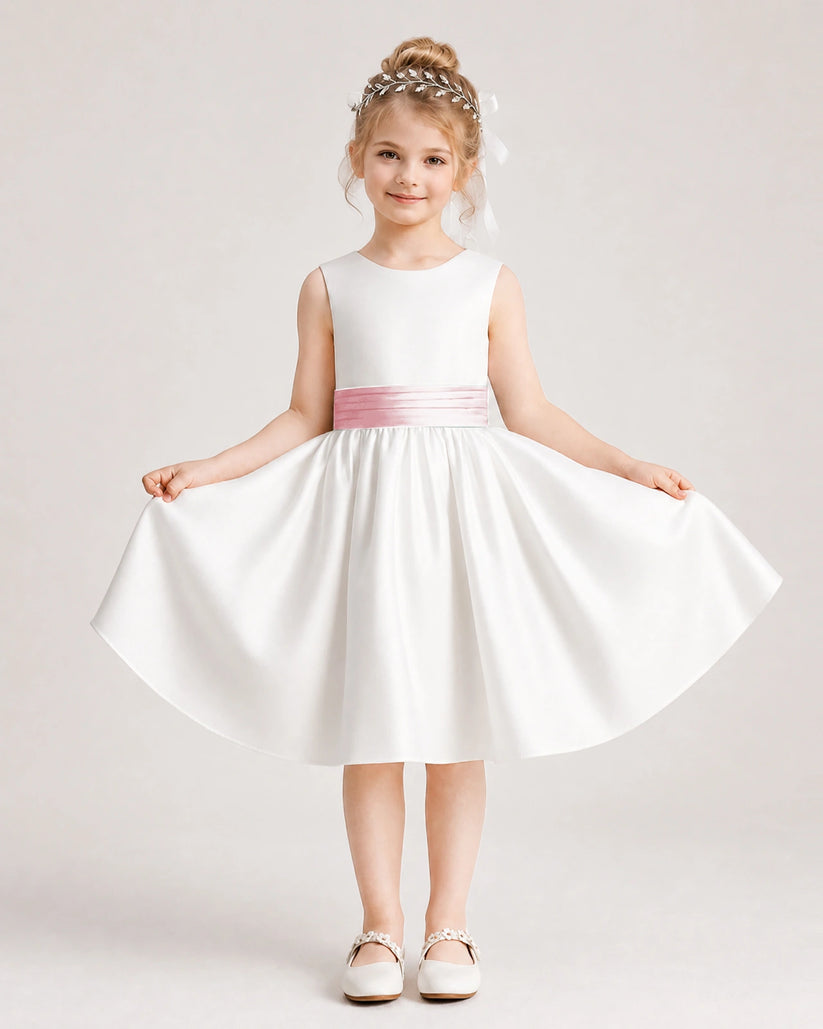Blush Pink Satin Flower Girl Dress Front View