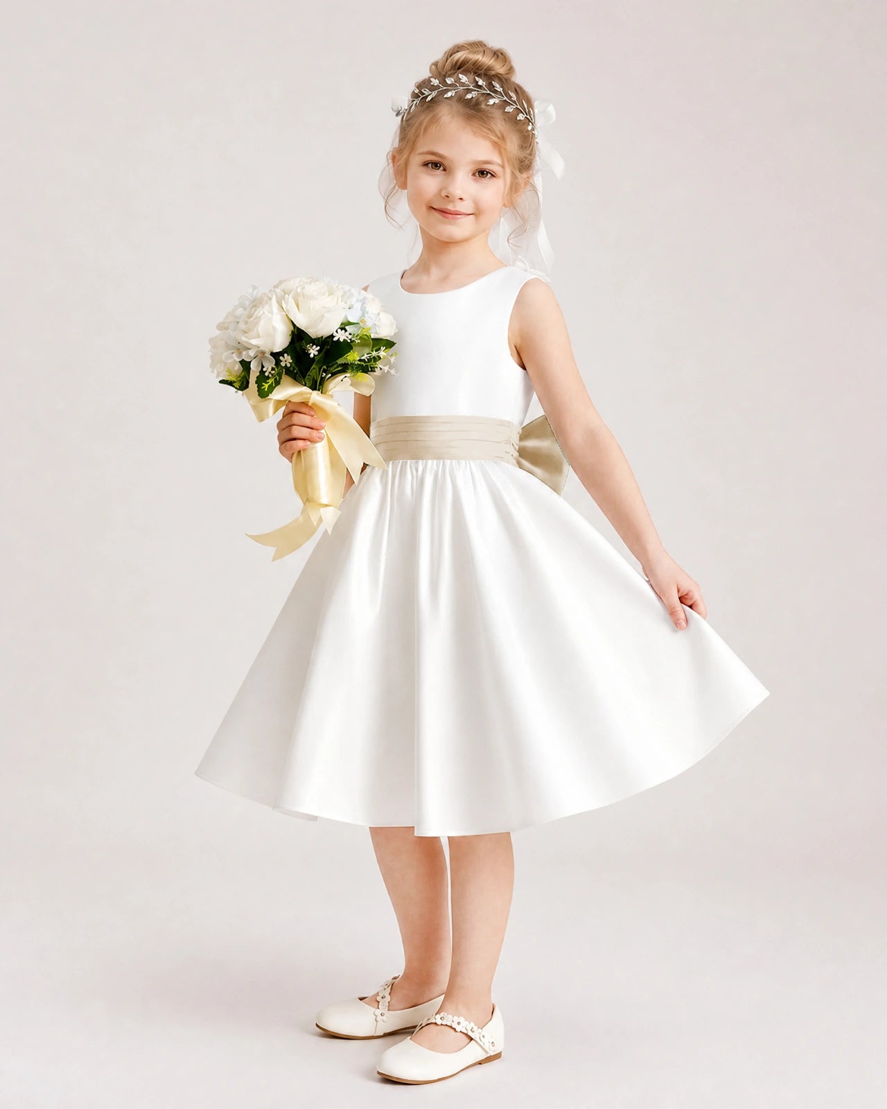 Champagne Satin Flower Girl Dress Side View