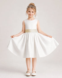 Champagne Satin Flower Girl Dress Front View