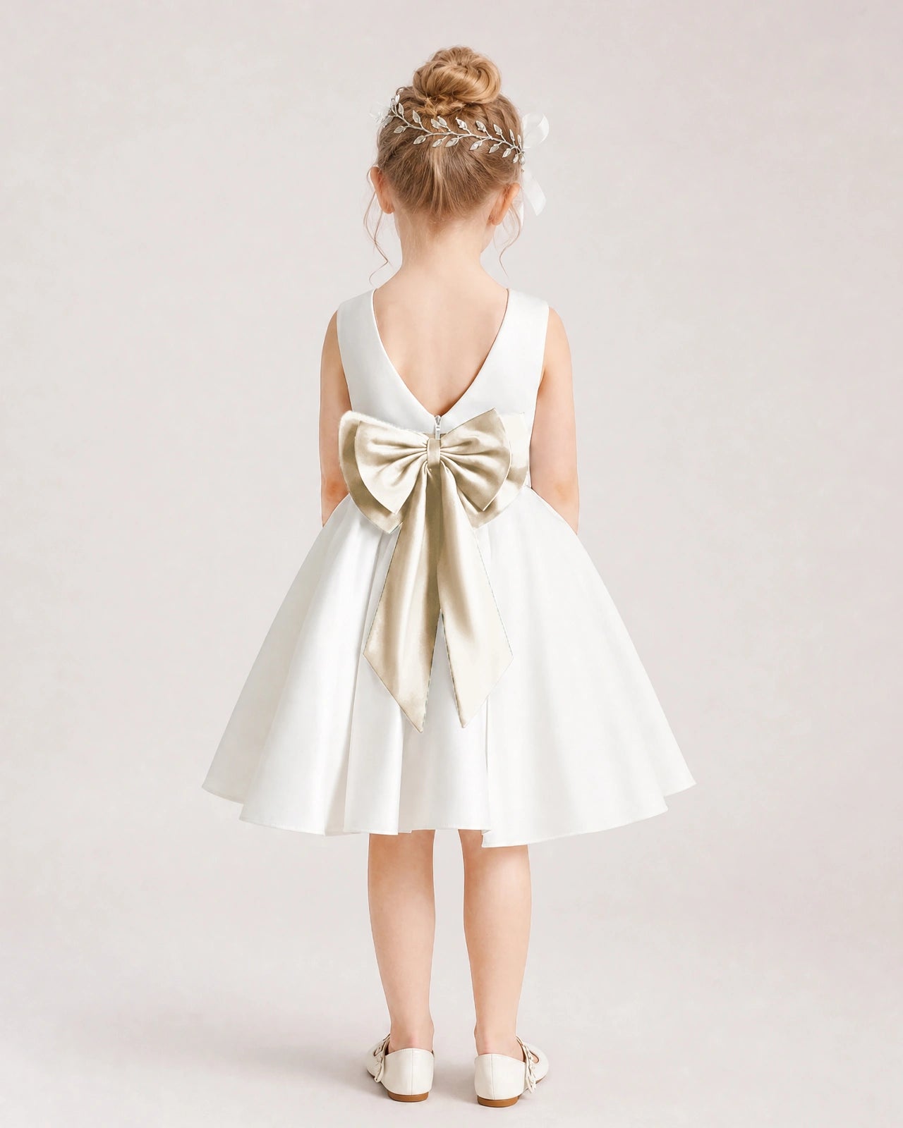Champagne Satin Flower Girl Dress Back  View