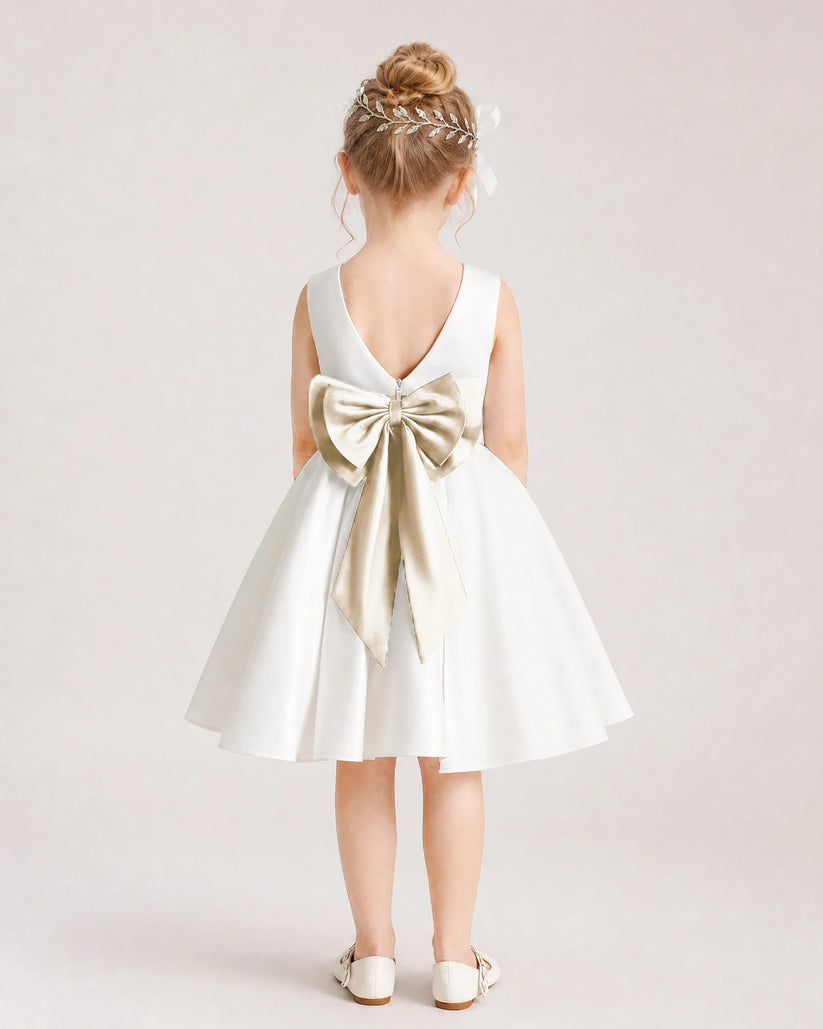 Champagne Satin A-line Flower Girl Dress Back View