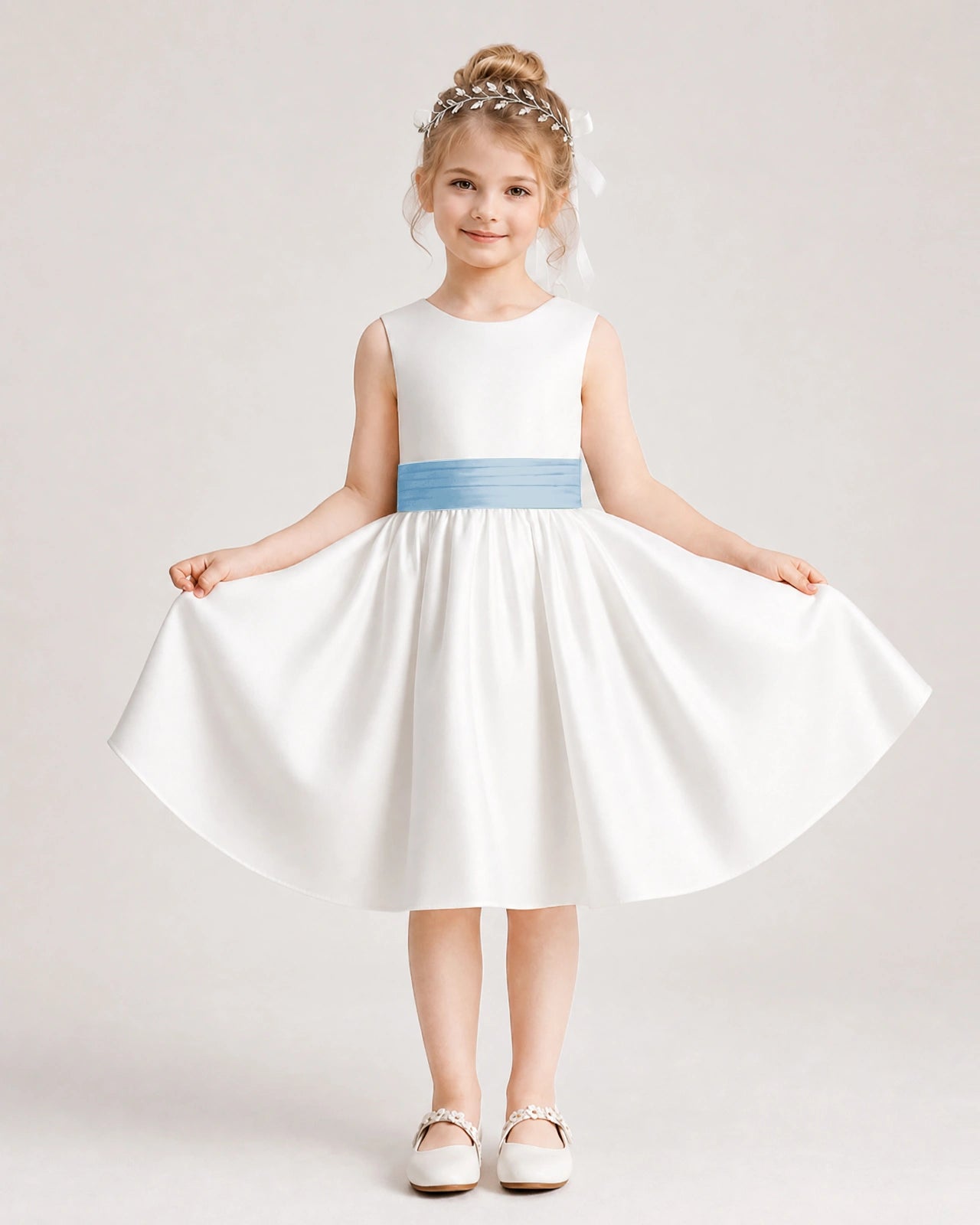 Baby Blue Satin Flower Girl Dress Front View