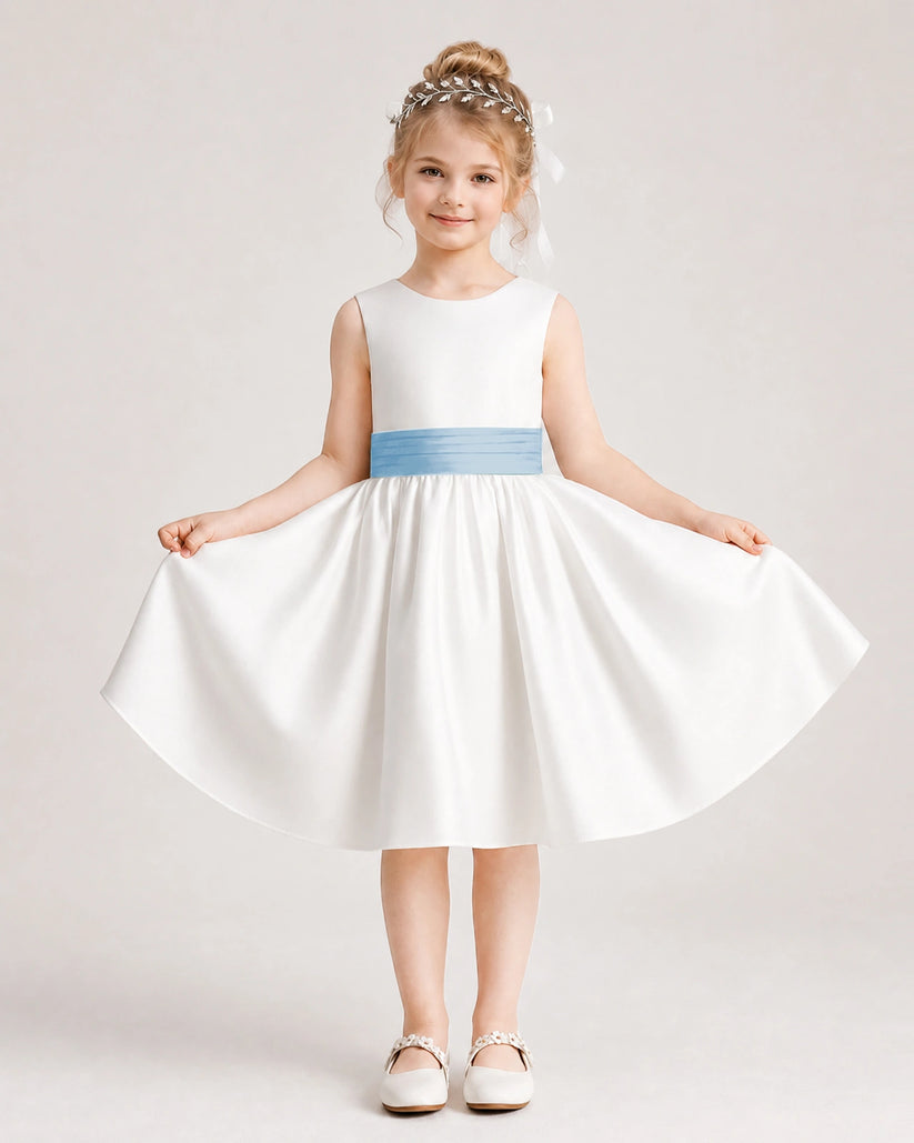 Baby Blue Satin Flower Girl Dress Front View