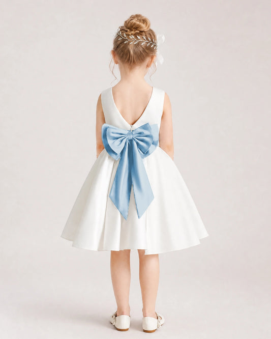 Dusty Blue Satin Flower Girl Dress Back View