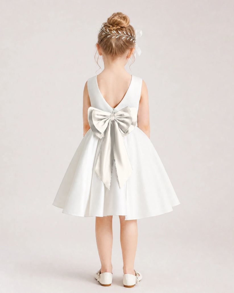 Ivory Satin Flower Girl Dress Back View