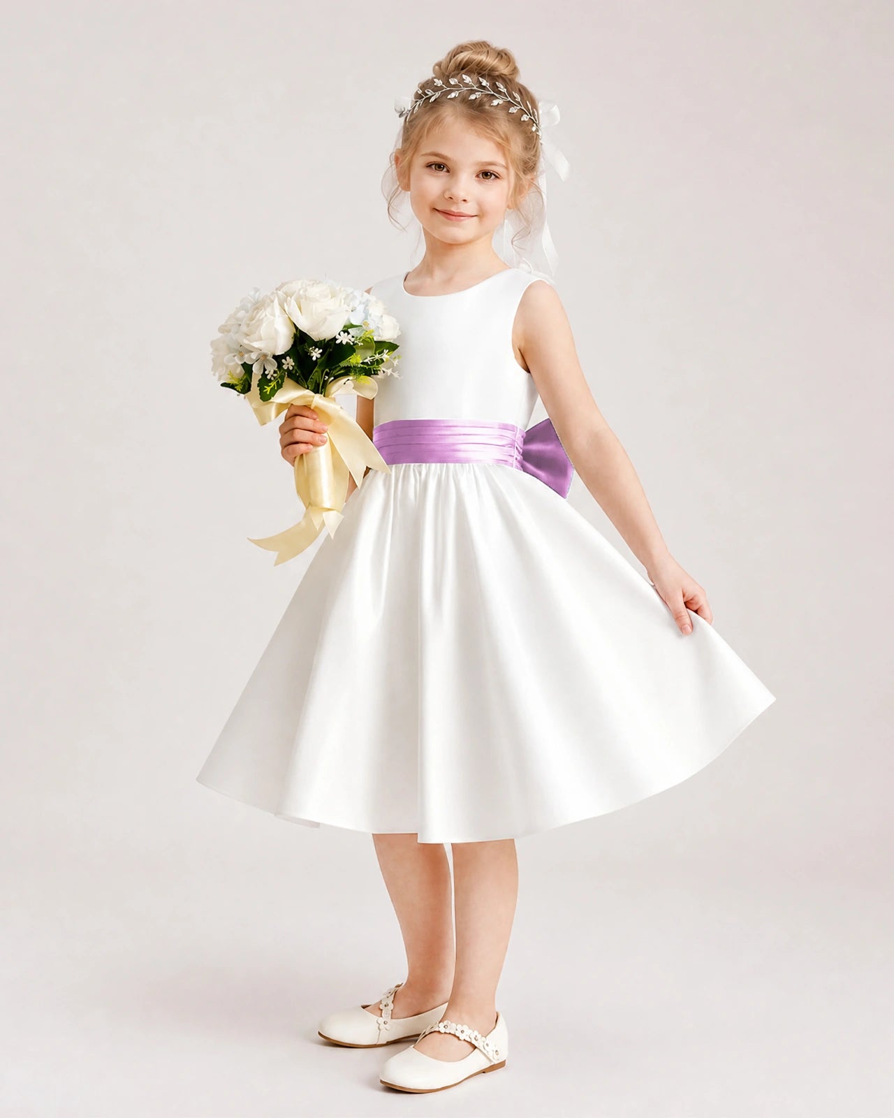 Lilac Satin Flower Girl Dress Side View