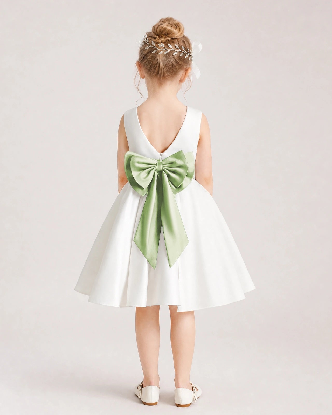 Sage Green Satin Flower Girl Dress Back View