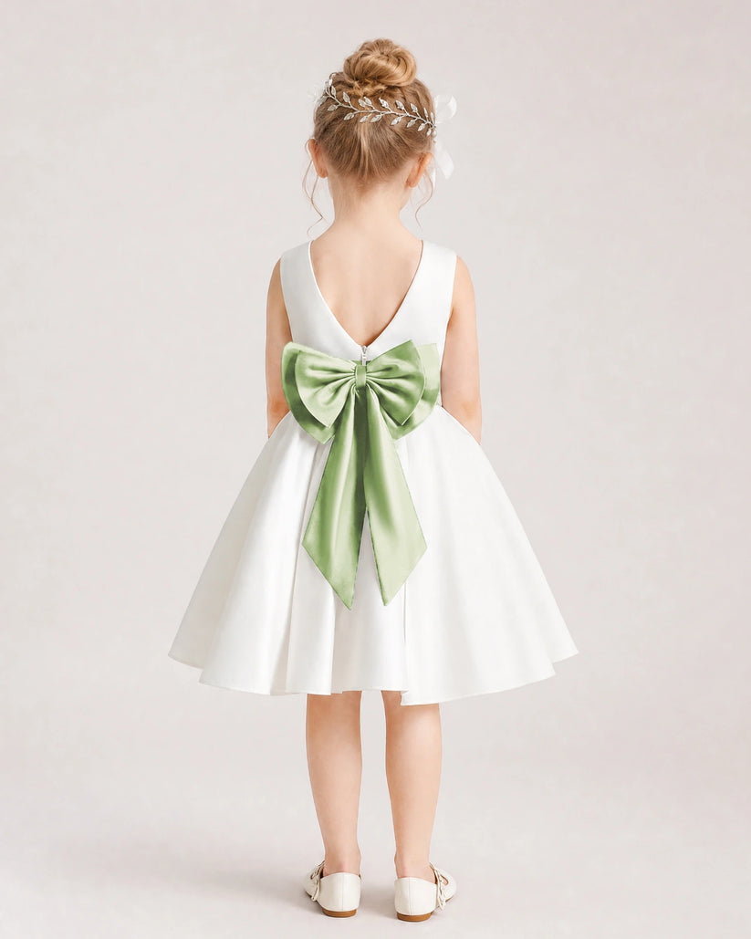 Sage Green Satin Flower Girl Dress Back View