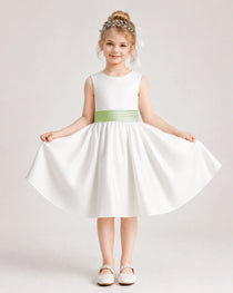 Sage Green Satin Flower Girl Dress Front View