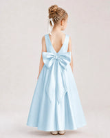 Baby Blue Satin Bow Back A-Line Flower Girl Dresses Back View