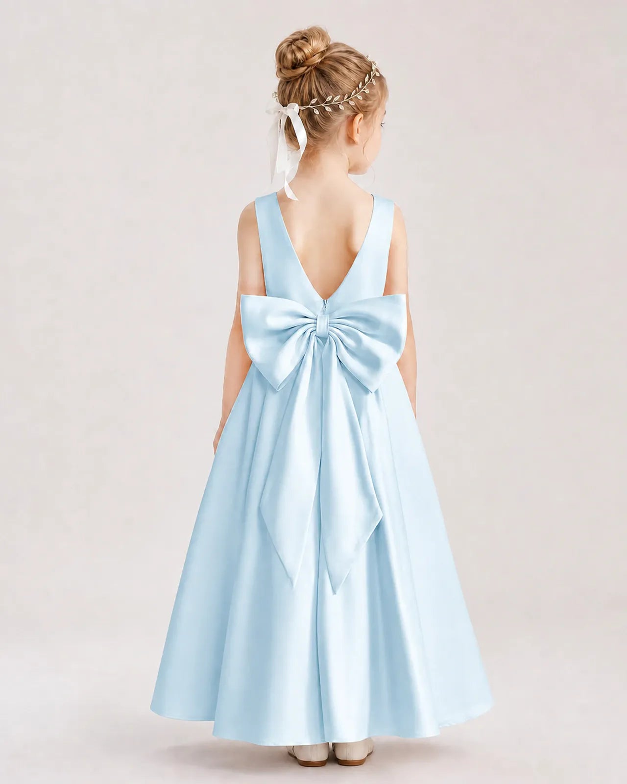 Baby Blue Satin Bow Back A-Line Flower Girl Dresses Back View