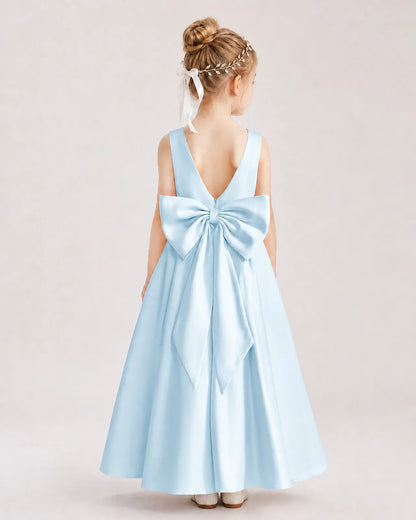 Baby Blue Satin Bow Back A-Line Flower Girl Dresses Back View