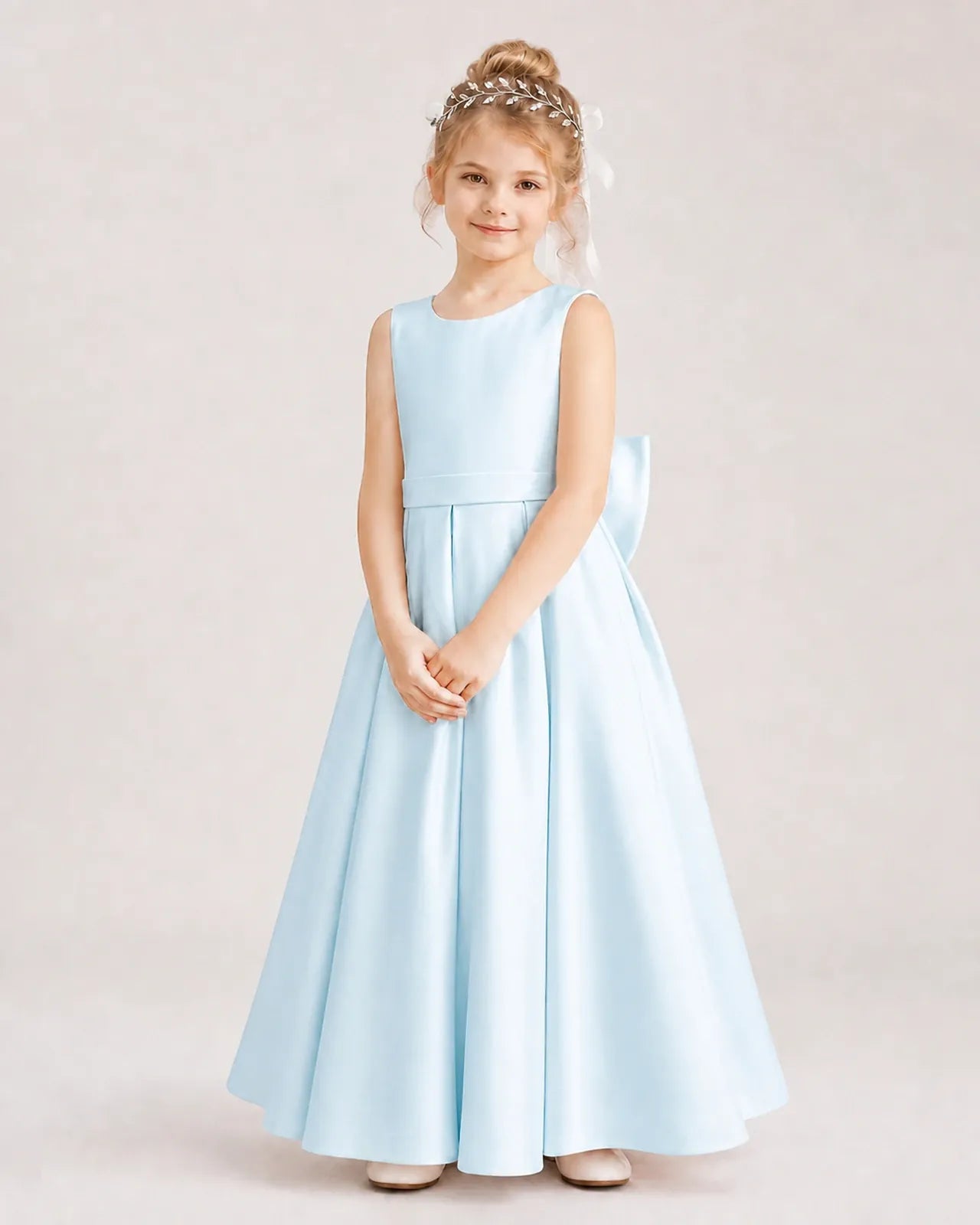 Baby Blue Satin A-Line Flower Girl Dresses Front View