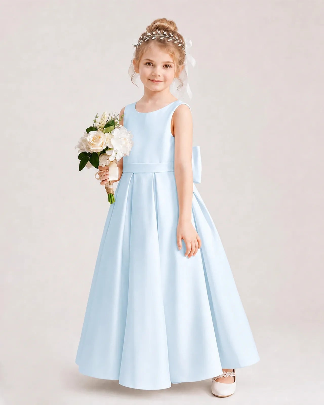 Baby Blue Satin A-Line Flower Girl Dresses Side View