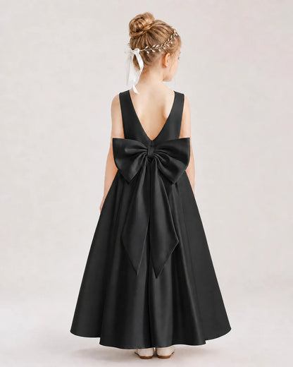 Black Satin V-Back Bow Flower Girl Dresses Back View