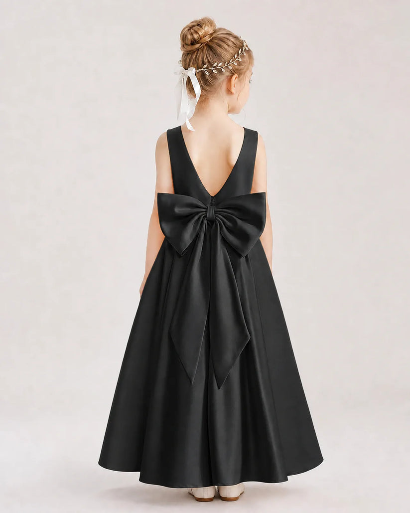 Black Satin V-Back Bow Flower Girl Dresses Back View